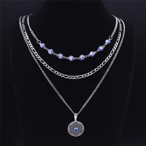 3PCS Fashion Blue Turkey Eye Stainless Steel Necklace Pendant Women Flower of Life Necklace Jewelry bijoux femme N1782S01