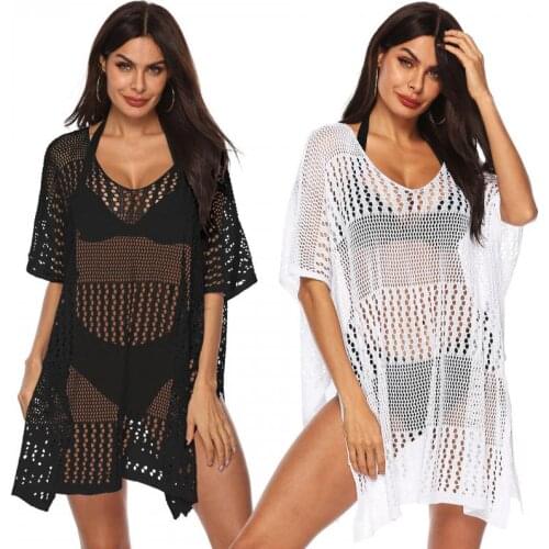 Sexy Woven Hollow See-through Deep V Cover Up Bikini Women Swimsuit Cover-up Irregular Swimwear Sunscreen Beach Vacation Dress