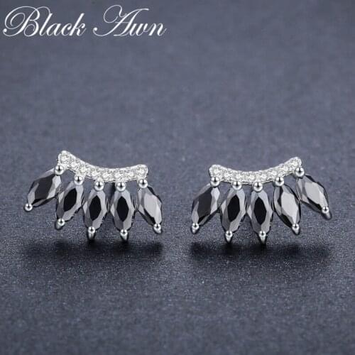 Vintage 2.3g 925 Sterling Silver Earring Geometric Black Spinel Stud Earrings for Women Fine Jewelry Bijoux T189