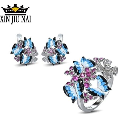 Retro Blue Butterfly Ruby inlay earrings charming shiny cubic zirconia fashion enamel female jewelry gift high quality zircon