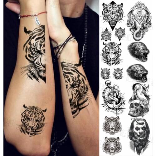 Tribal Tiger Animal Temporary Tattoos For Men Women Adult Elephant Wolf Compass Fake Tattoo Sticker DIY Waterproof Forearm Tatoo