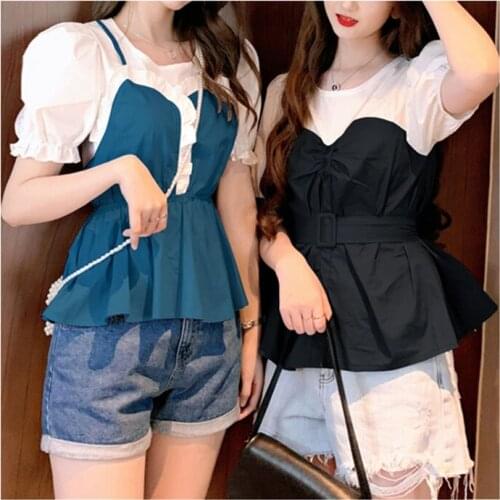 WKFYY Women Sweet Summer Edible Tree Fungus Ruffled Puff Sleeve O-Neck Elastic Waist Spliced Pleated Loose Shirt Tee Tops B4003