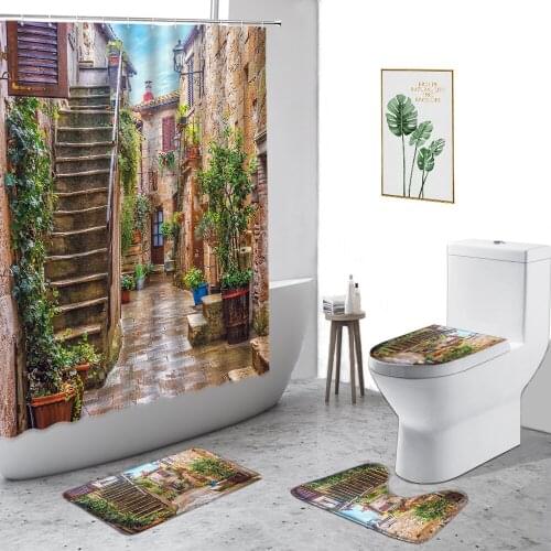 Retro Pastoral Landscape Shower Curtains Plant Flower Fence Vine Town Street View Bathroom Decor Set Non-Slip Carpet Bath Screen