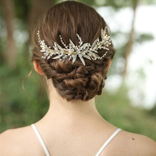 Light Gold Color Leaf Bridal Hair Vine Crown Women Clip Crystal Headpiece Handmade Hair Accessories For Wedding Party