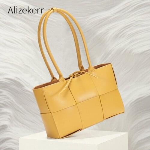 Large Capacity Real Leather Woven Tote Bag Women 2021 New Top Quality Plaid Purses And HandBags Ladies Underarm Shoulder Bags