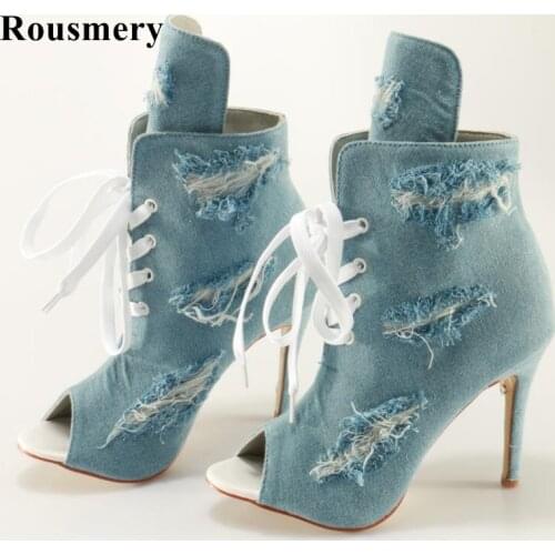 Rousmery New Fashion Women Open Toe Blue Denim Lace-up Ankle Boots Cut-out Thin High Heel Holes Jean Gladiator Boots
