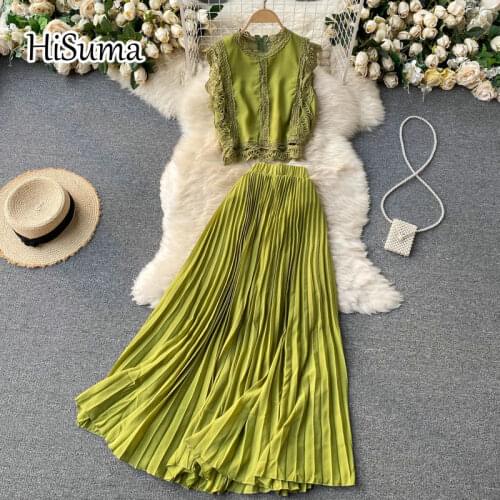 2021 summer new women o-neck chiffon with lace shirt + high waist pleating A-line skirt suit female two piece sets