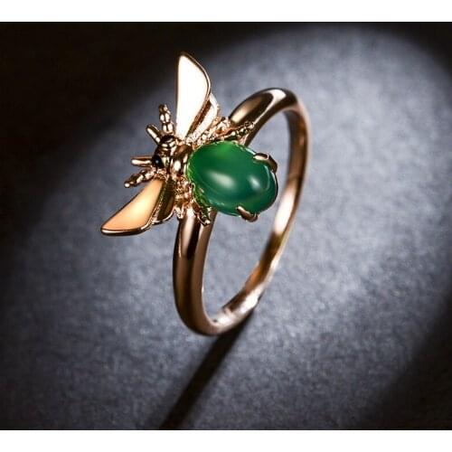 Queen Lotus New High Quality Green Opal Stone Rings for Women Vintage Bee Big Finger Ring Jewelry Female Adornment Birthday Gift