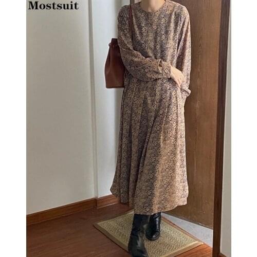 Spring Autumn Long Sleeve Elegant Floral Dress Women Draw String Lace Up Tunic Maxi Pleated Korean Dresses 2021 Vestido Mujer