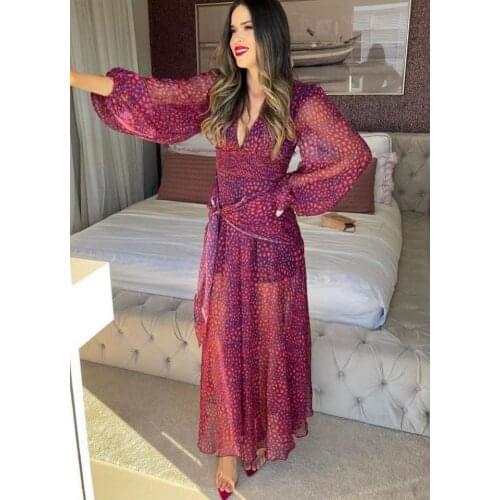 Lantern Sleeves Women Chiffon Asymmetrical Dresses Deep V-Neck Casual Ruffles Good Quality Chiffon Lady Dress Vestidos Clothing