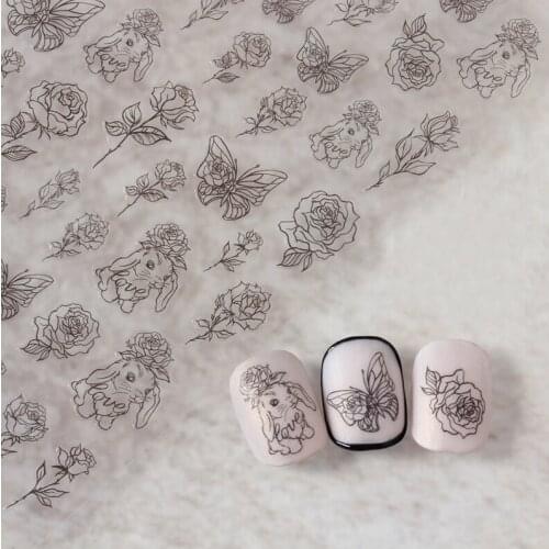 1sheet Elephant Rose Nail Sticker Line Flower Stickers for Nails Butterfly Adhesive Decals Bubble Art Stickers
