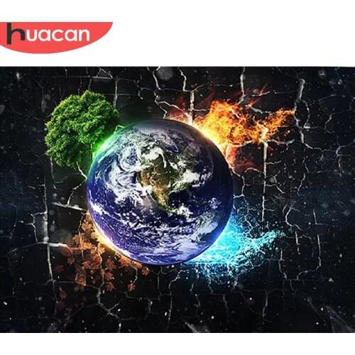 HUACAN 5d Diamond Painting Earth Planet Cross Stitch Embroidery Scenery Mosaic Water Fire Landscape Wall Stickers