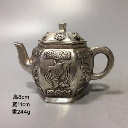 China Cupronickel archaize white copper double six fish teapot craft statue antique old style porcelain desktop decoration