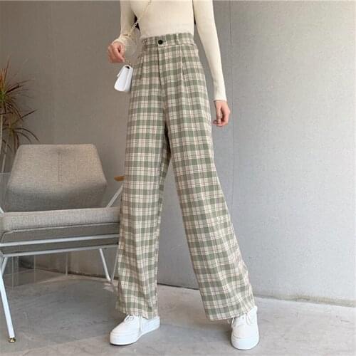 Plaid Casual Trousers Women Clothing 2021 Spring Ladies Straight Elastic High Waist Korean Fashion Plus Size Loose Pants Female
