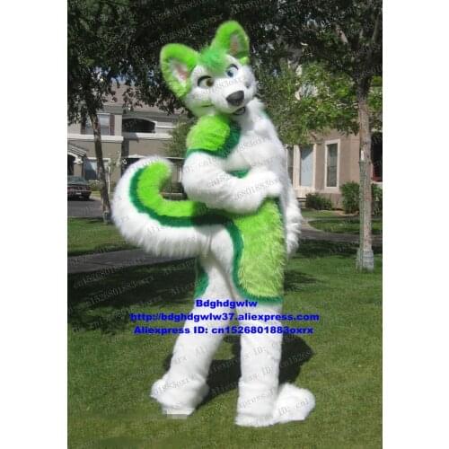 Green White Long Fur Furry Wolf Fox Husky Dog Fursuit Mascot Costume Adult Suit Character People Wear Company Celebration zx450