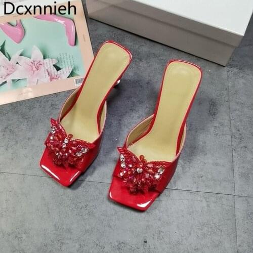 Square Head Red Patent Leather Crystal Heterosexual Heel Sexy High Heels Rhinestone Sequin Butterfly Flower Outer Wear Slippers