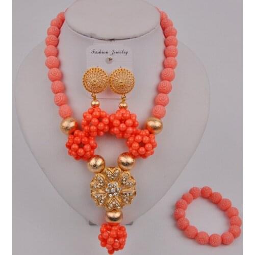 Fashion Pink Coral Necklace Nigerian Wedding African Beads Jewelry Set 12-L-01