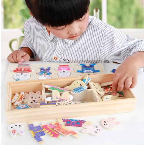 Cartoon Rabbit Bear Change Clothes Wooden Puzzles Toy Montessori Educational Dress Changing Jigsaw Puzzle Toys For Children Girl