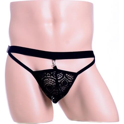 Mens Sexy Low Rise Underwear Peacock Tail Lace with Key Chain Thong Mini Br
