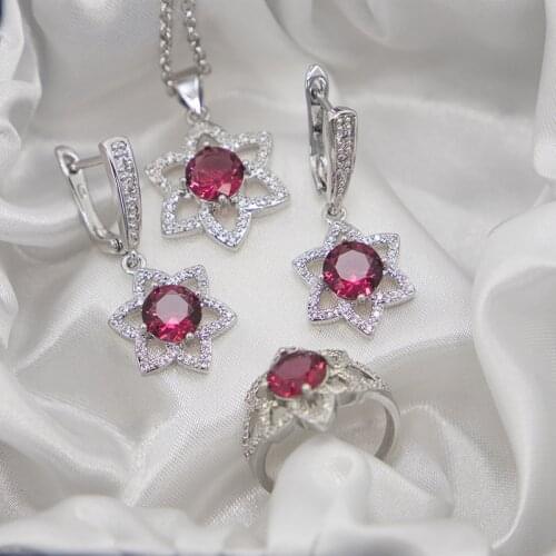 Shiny CZ Israel Hexagon Rose Red Zircon Silver Color Jewelry Earring Ring Necklace Set Best Wedding/Engagement/Party/Jewelry
