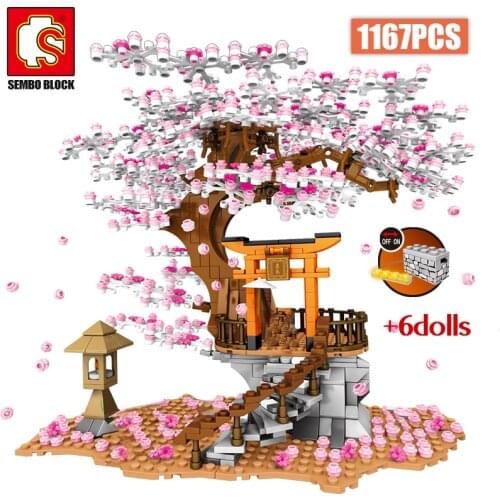 SEMBO City Street View Idea Sakura Inari House Building Blocks Creator Technical Shrine Cherry Blossom Tree Friends Bricks Toys