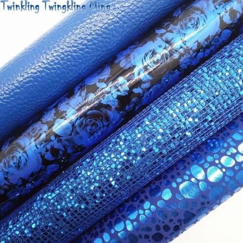 Blue Mesh Glitter Fabric, Flowers Printed Synthetic Leather, Litchi Faux Fabric For Bow A4 21x29CM Twinkling Ming KM048