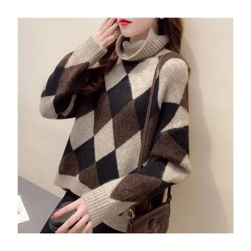 Turtleneck Sweater 2020 New Korean Style Female Rhombus Loose Thickened Jumper