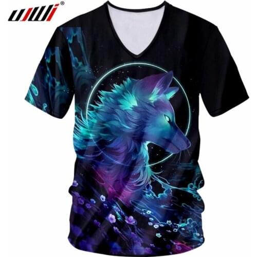UJWI V Neck T Shirt Black Summer Tops Men 3d Print Galaxy Space Wolf T-shirt Man Bodybuilding Fitness Short Sleeve Tee Shirts