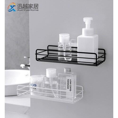 Black White Iron Shower Shampoo Holder Wall Punch Square Frame Storage Rack With Suction Cup Shelf Bathroom Kitchen Accessories