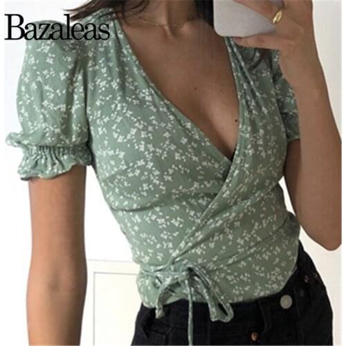 Bazaleas Vintage Short Sleeve blouses Elegant V Neck blusas mujer de moda 2020 Fashion Green Floral Print blouse