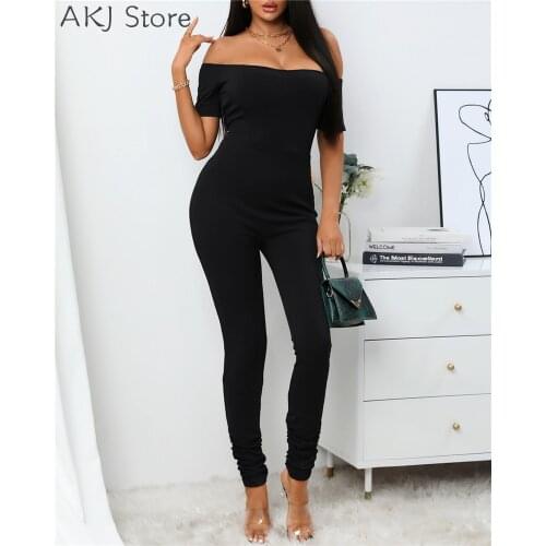 Plus Size Off Shoulder Solid Color Short Sleeve Skinny Jumpsuit