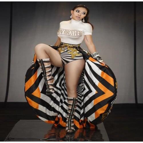 Fashion Printed Long Skirt Bodysuit sexy women stage dance show costume