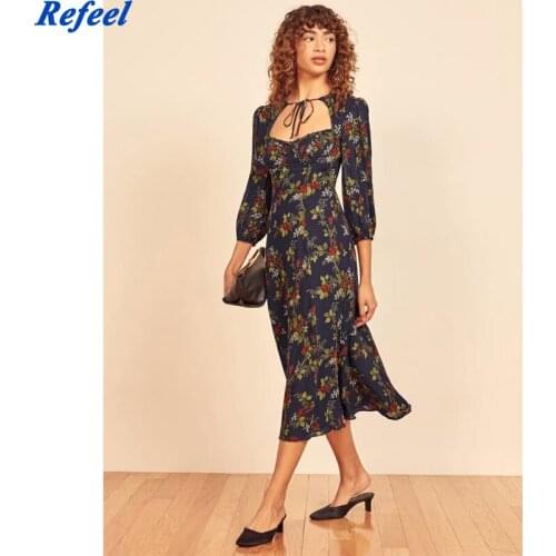 Floral Print Women Midi Dress Elegant Square Collar Half Sleeve Long Party Dresses Casual Vestidos