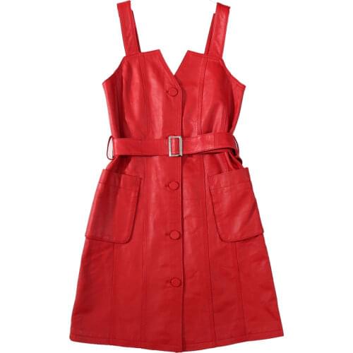 2020 Spring new leather dress womens high-waisted halter dress single breasted sheep leather halter dress shows a slim dress