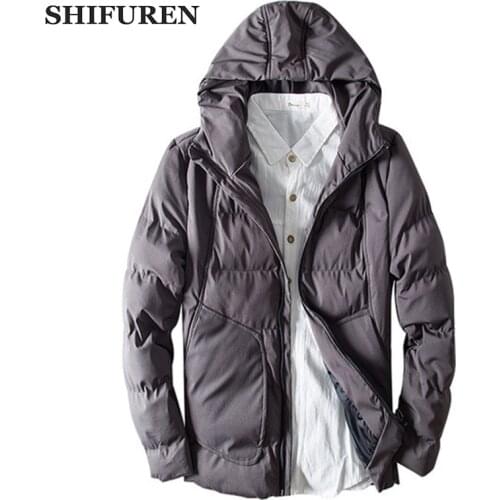 SHIFUREN Winter Hooded Jacket Men Long Sleeve 2019 Parka Coats Male Causal Warm Cotton Padded Stand Collar Outerwear Size M-3XL