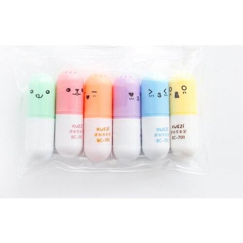 6pcs/bag Mini 5.3cm Cartoon Pill Shape Highlighter Marker Fluorescent Pen Kids Painting Stationery Doodle Pens Writing Supply