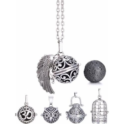 Antique Silver Color Fit 16mm Black Lava Stone Beads Diffuser Locket Essential Oil Perfume Owl Locket Pendant Necklace