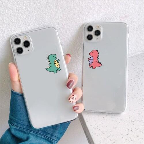 Cute Green Pink Dinosaur Couple Clear Phone Case For Xiaomi Mi 11 Lite Redmi Note 9 7 8 10 Pro Poco X3 NFC Soft TPU Cover Shell