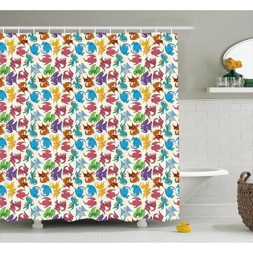 Dragon Decor Shower Curtain Cartoon Style Decoration for Children Pattern Colorful Dragons Print Bathroom Waterproof Curtains