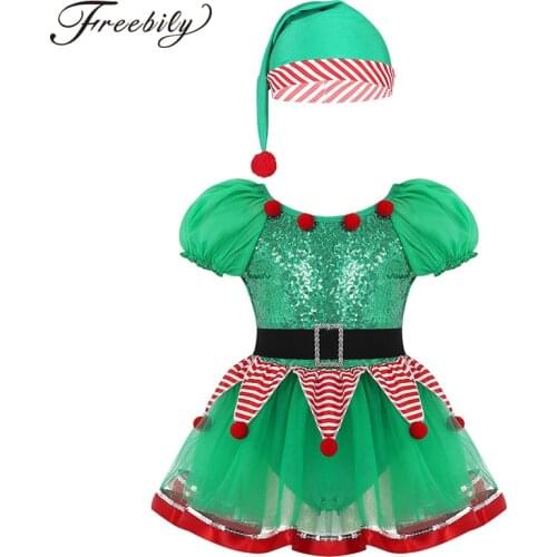 Kids Girls Christmas Costume Dancewear Stage Performance Outfit Puff Sleeves Sequined Mesh Tutu Ballet Dress Leotard with Hat