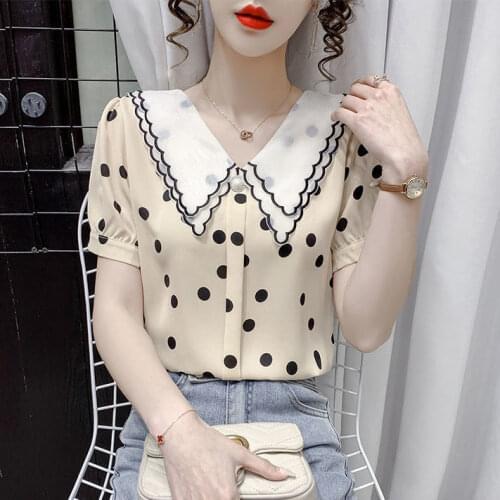 French Turn Down Collar Polka-dot Chiffon Top Short-sleeved Shirt Womens Summer Puff Sleeves Blouses Blusas