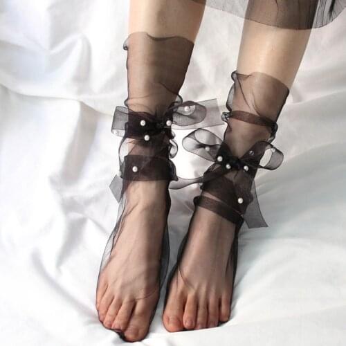 Korean Summer Thin Socks Women Transparent Long Socks For Dress Pearl Yarn Ribbon Bow Fairy Net Ladies Lace Socks