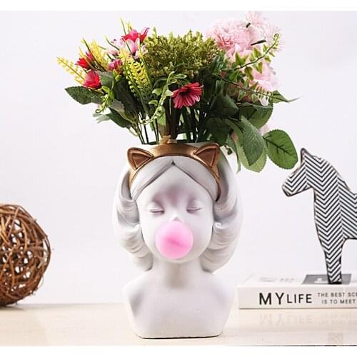 Creative Cartoon Cement Bubble Gum Girl Vase Ornamnets Decorartion Home Desktop Flower Pots Succulent Hotel Table Statue Crafts