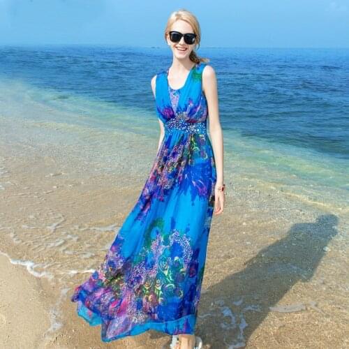 100% Real Silk Summer Dress 2020 Spring Vintage Bohe Floral Maxi Dress Sleeveless Beach Style Ladies Clothes Vestidos De Verano