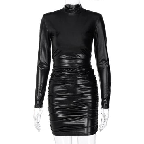 NEWDISCVRY Pu Leather Mini Dress Ruched Turtleneck Long Sleeve Bodycon Bandage Sexy Streetwear Party Elegant Autumn Winter Club