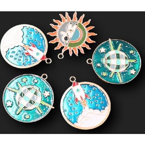 6pcs Fashion Enamel Medal DIY Charms Jewelry Crafts Pendants, Spy Satellite Charms, Spaceship Charms, Sun Charms,A2381