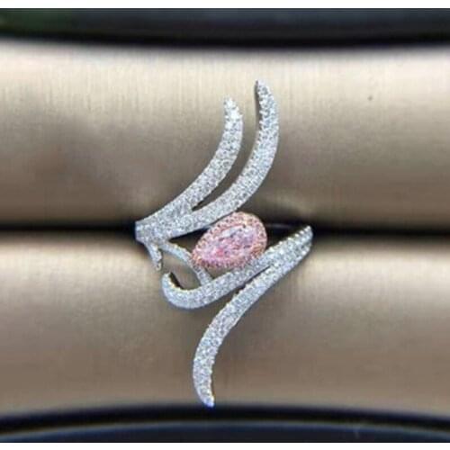 Trendy Pink Water Drop Zircon Rings Women Luxury Style Crystal Ring Girls Big Angel Wings Jewelry Sweet Party