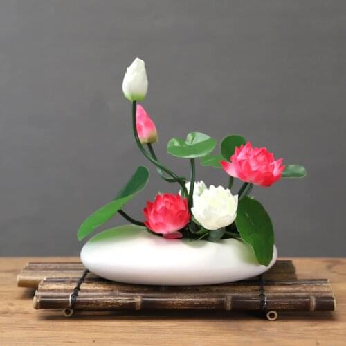 New Chinese-style Ceramic Vase+Simulation Lotus Flower Floral Ornaments Modern Hotel Home Fake Flower Pot Figurines Decoration