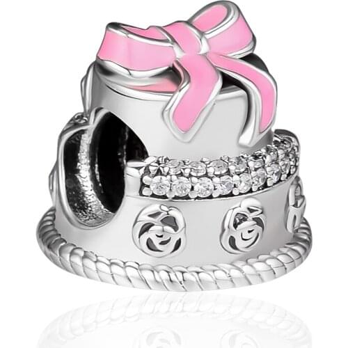 Fits Pandora Charms Bracelets Birhday Cake Beads with Pink Enamel 100% 925 Sterling-Silver-Jewelry Free Shipping