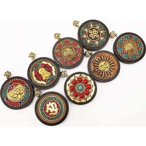 8pcs Handmade Ethnic Tibetan Buddha Lotus Pendant Mala Buddhist Mantra Yoga Sun God Charm Pendant for Women Bohemian Jewelry